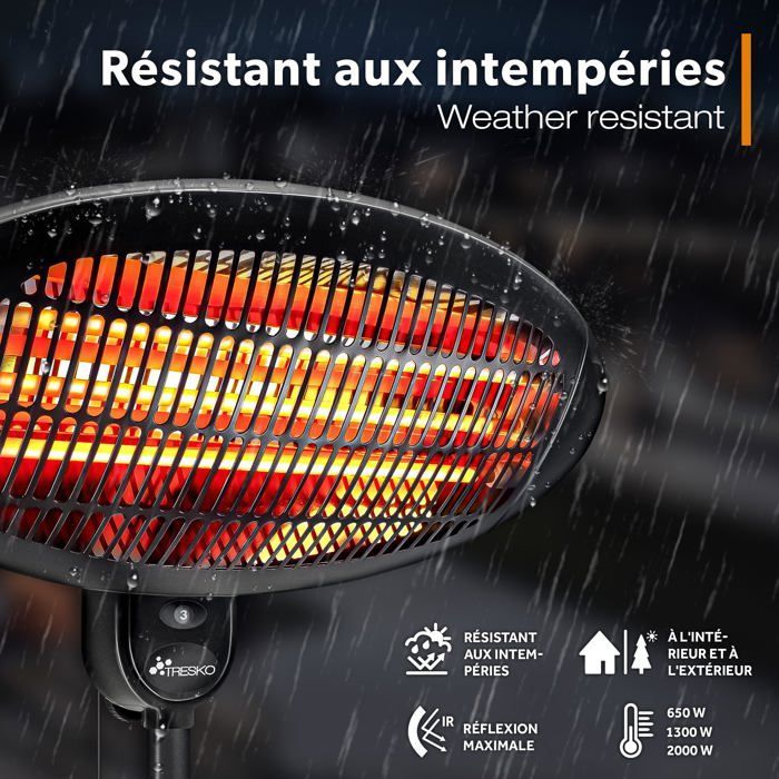 Aquecedor elétrico de chão infravermelho TRESKO® 2000W | Aquecedor radiante elétrico para pátio | Uso interno e externo | 3 níveis de aquecimento
