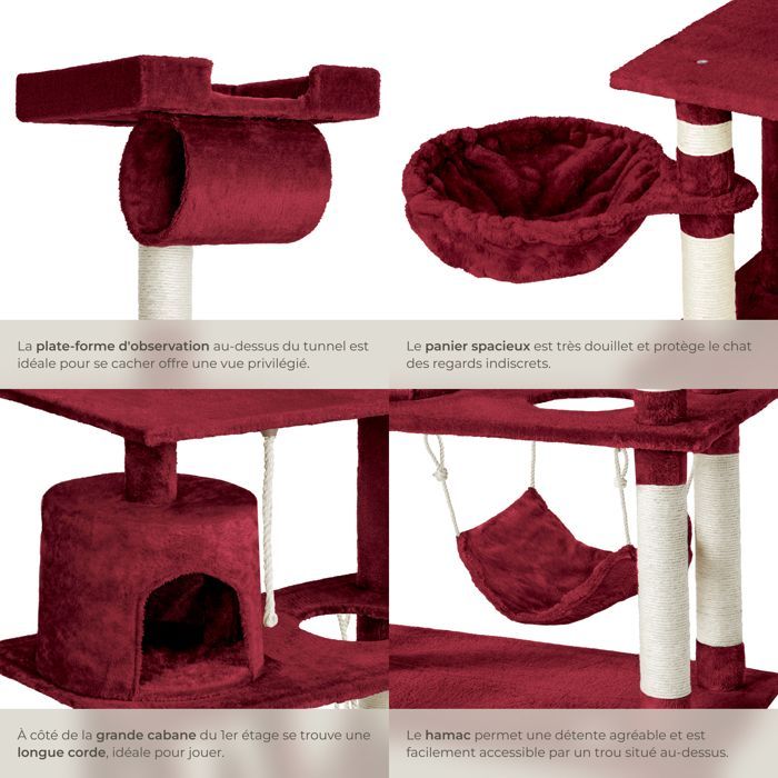 Arbre à chat - TECTAKE - Mobilier pour chat MARCEL 141 cm de hauteur avec cordelette, griffoir et zones de couchage - Rouge