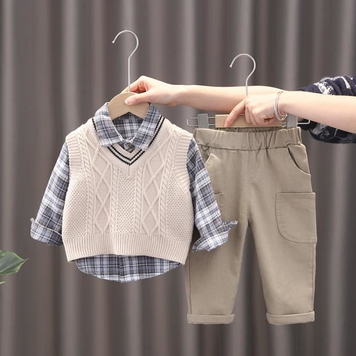 Conjuntos de ropa de algodón para primavera y otoño para niños y niñas, 3 piezas (camisa y pantalón), color beige.