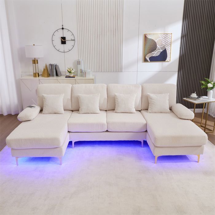 DRIPEX Canapé 4/5 places en forme de U moderne avec Lumière LED et port USB-C,Canapé avec 4 coussins,265*135*88cm,Beige