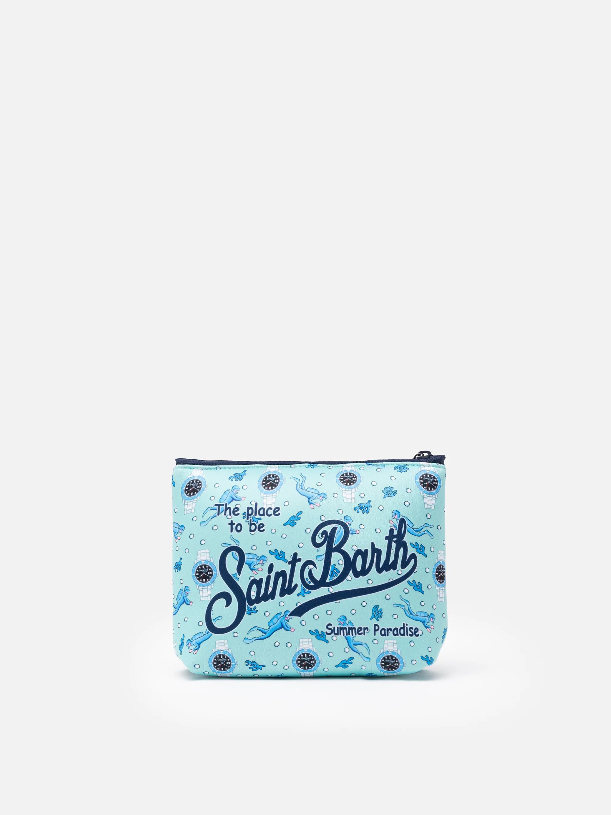 Bolso de mano Aline estilo buzo con estampado de reloj y buceador.