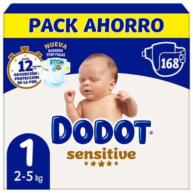 Dodot Sensitive 2-5 kg 1 dydžio kūdikių sauskelnės su apsauga nuo pratekėjimo 168 vnt. 168 vnt.