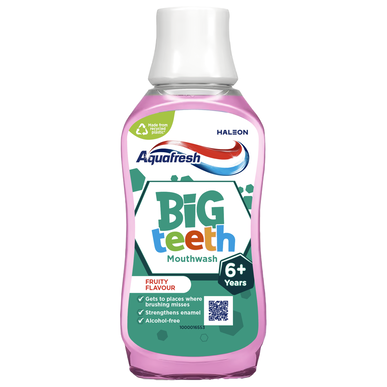 „Aquafresh Big Teeth“ burnos skalavimo skystis su vaisių skoniu, 6 metų vaikams, su fluoru, dantų apsauga, 300 ml, 300 ml