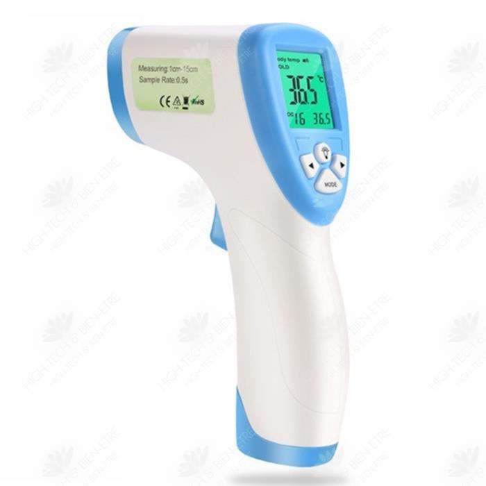 Termómetro electrónico multifunción sin contacto HTBE® con retroiluminación tricolor y función de recordatorio para la medición de la temperatura en la frente.