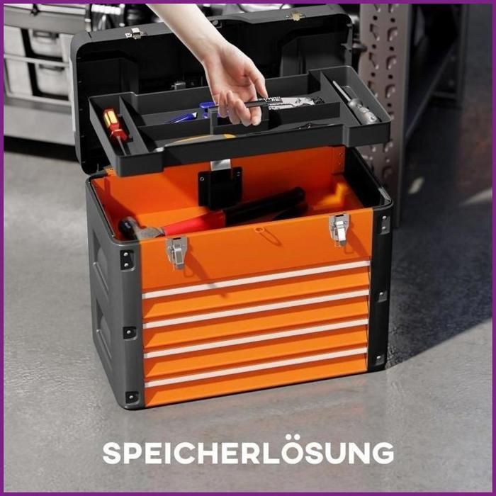 Caja de herramientas vacía - HOMCOM - 4 cajones + almacenamiento superior - Acero/Plástico - Naranja