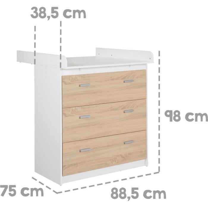 Conjunto completo de dormitorio infantil: cuna convertible de 70 x 140 cm + cambiador + armario de 3 puertas - ROBA - Acabado bicolor blanco/roble claro