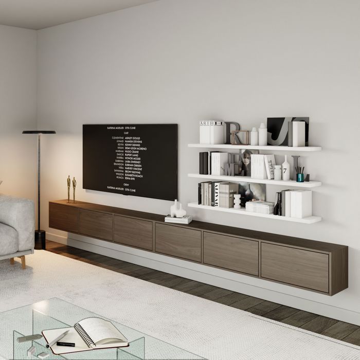 Mobile TV a parete con 6 ante a ribalta – FRAMME – 300 cm – Effetto legno noce Wisconsin