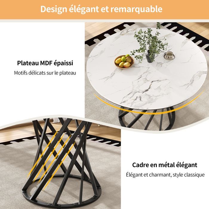 Table à Manger Ronde -  Plateau en MDF - Table de Cuisine pour Salon Salle à manger - 80x80x76cm - Blanc