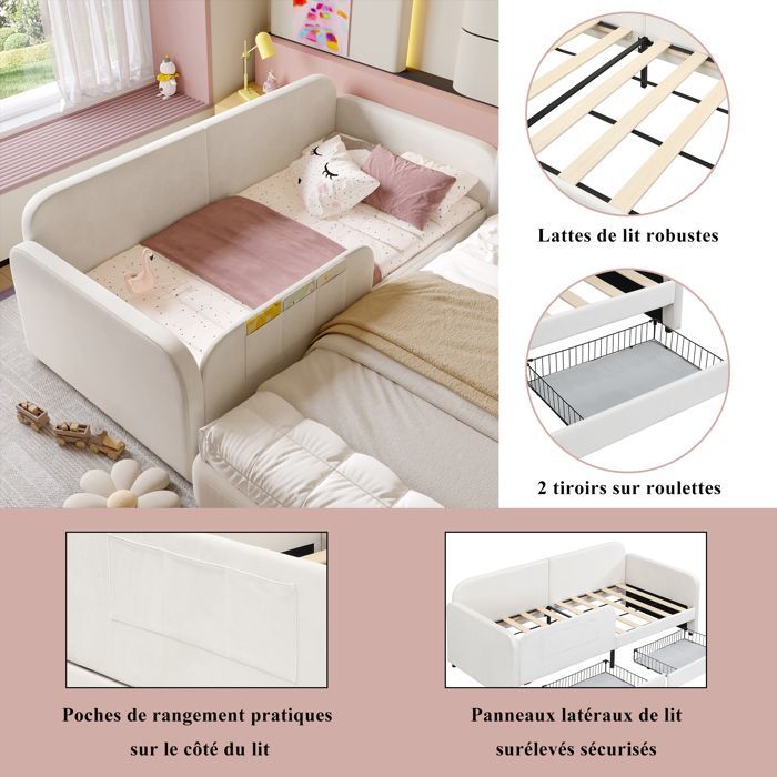Cama infantil de 90x200 cm tapizada en terciopelo blanco con 2 cajones, 3 bolsillos laterales y somier de láminas metálicas, convertible en cama para padres e hijos.