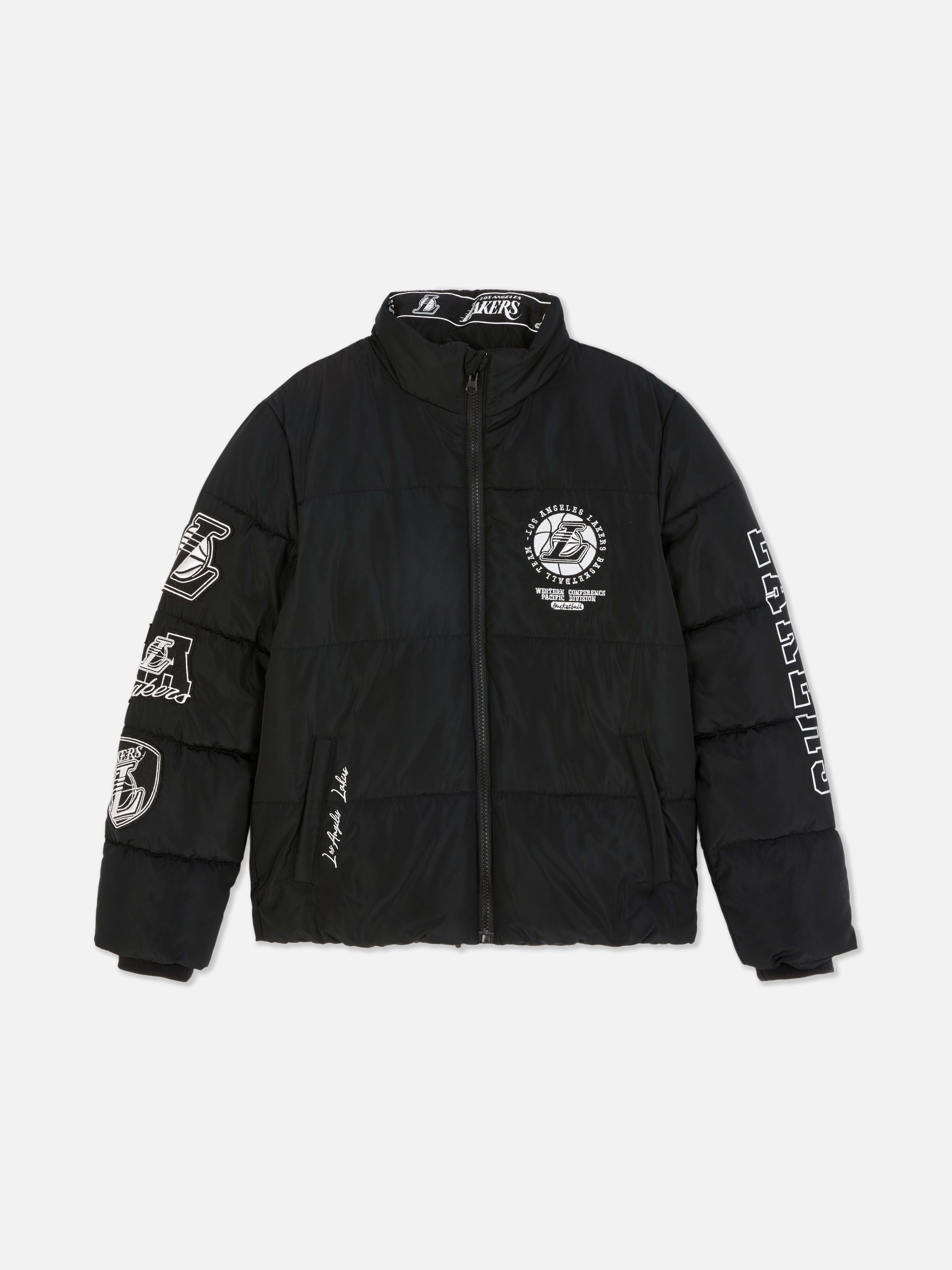 Jachetă NBA Los Angeles Lakers Puffer Jacket matlasat Lakers cu fermoar, guler ridicat, manșete cu nervuri și embleme ale echipei