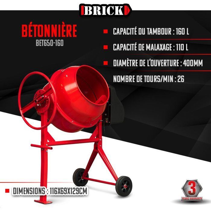 Bétonnière électrique - BRICK - BET650-160 - 650 W - Tambour 160 L - Monophasé