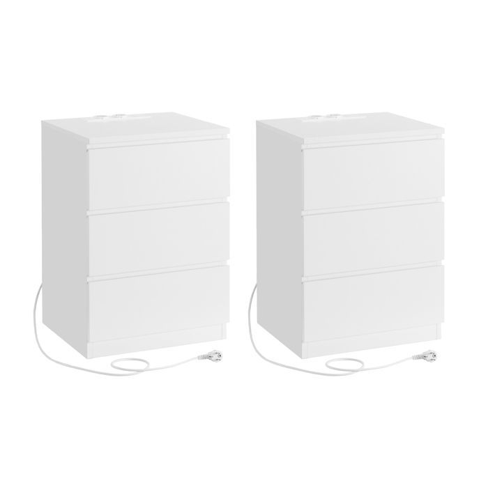 VASAGLE Table de Chevet avec Multiprise, Lot de 2, Table d’Appoint avec 3 Tiroirs, 2 Prises CA, 2 Ports USB, Blanc Nuage