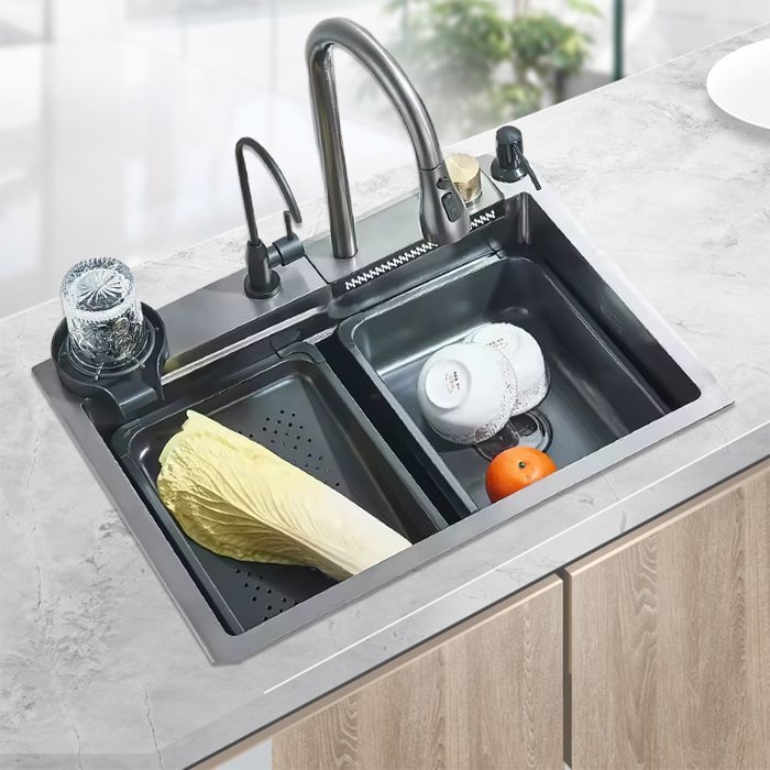 Fregadero de cocina multifuncional de acero inoxidable con efecto cascada - 60*45cm - Con grifo - Pantalla digital - Fregadero de cocina de un solo seno