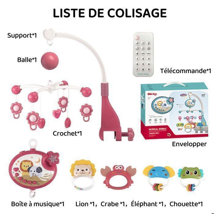 Móbile musical para berço, com luzes e projetor com controle remoto, presente ideal para recém-nascidos, rosa.