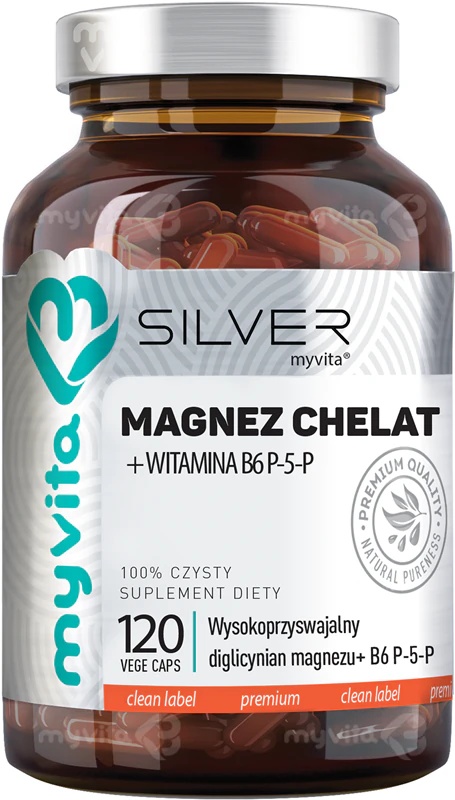 „MyVita“ sidabro magnio chelatas + vitaminas B6 (P-5-P) – maisto papildo kapsulės, skirtos nervų sistemos sveikatai palaikyti.