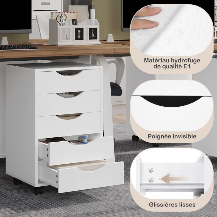 Cajonera de oficina - WOLTU - Unidad de almacenamiento móvil de 5 cajones - Madera de ingeniería - Blanco W0ATT0650
