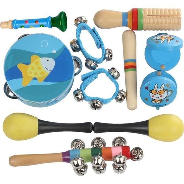 Instrumentos Musicais - Conjunto de 11 Peças - Brinquedos de Madeira - Para Crianças - Sinos e Tambor