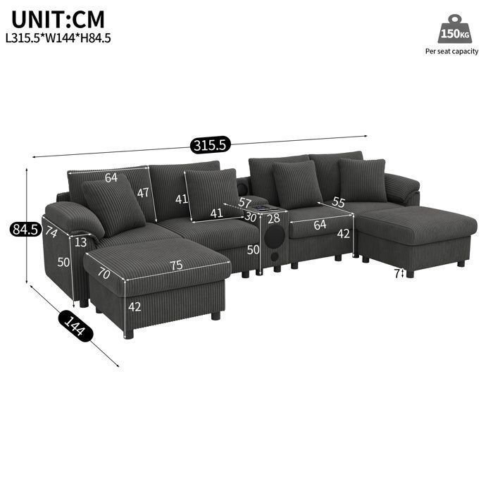 Modulares Ecksofa aus grauem Cord mit Bluetooth-Lautsprecher und Konsole, 6-Sitzer-Sofa mit USB-Anschluss und Kissen, Grau