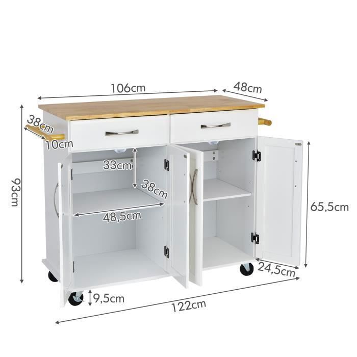 COSTWAY Desserte de Cuisine à Roulettes - 2 Tiroirs, 2 Armoires à Double Porte, Étagères réglables - îlot Chariot de Cuisine -