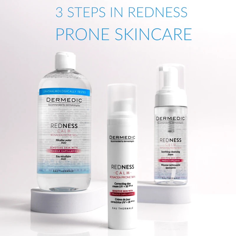 Dermedic Redness Calm micelārais ūdens jutīgai ādai, kurai ir tendence uz krāsas maiņu