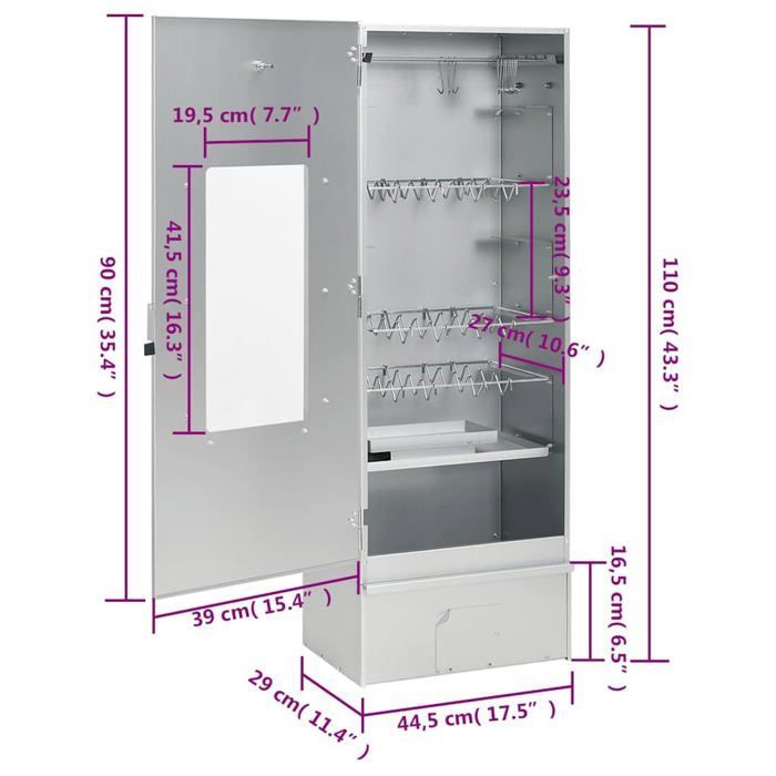 Fumoir à viande extérieur - vidaXL - Acier galvanisé - 44,5x29x110 cm - Thermomètre intégré - Vitre pour surveillance