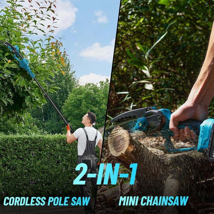 2-in-1 telescopische snoeischaar, 15 cm draadloze elektrische kettingzaag, verstelbare steel tot 2,5 m, 2 x 2000 mAh accu's