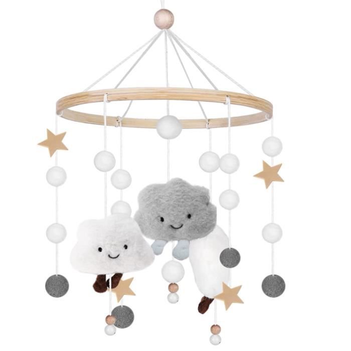 Campanillas de viento para bebé con bolas de fieltro - Nubes 3D - Campanillas de viento de madera - Para bebé - Gris