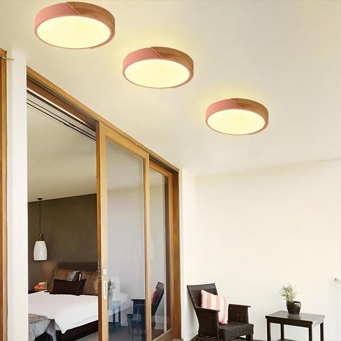 Lámpara de techo redonda de madera WOTTES - Lámpara de techo LED moderna para sala de estar, dormitorio, pasillo, cocina - 30*30 cm - Rosa - Blanco cálido