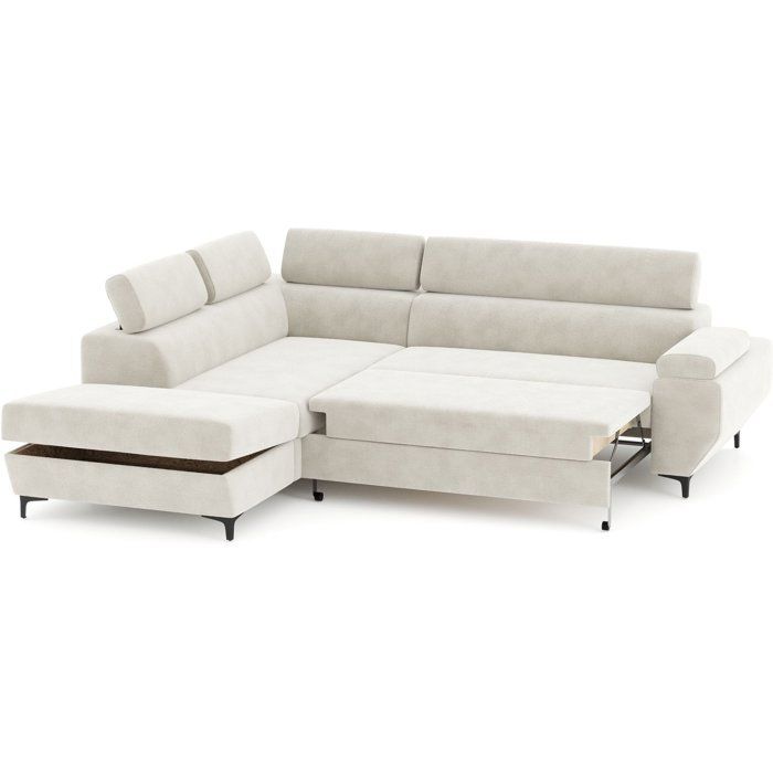 Sofá esquinero convertible de 3 plazas - MIKY - Tejido color arena - Compartimento de almacenamiento y reposacabezas - 262 x 235 x 96 cm - CONFORTEAM