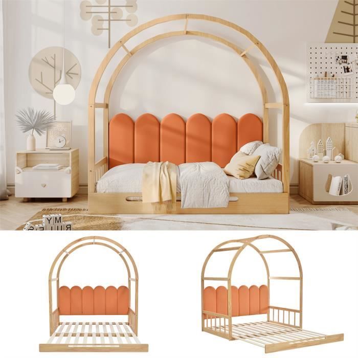 DRIPEX Lit de pavillon voûté extensible,lit coulissant,lit enfant avec coussin en velours,naturel et orange (140x100cm/140x200cm)