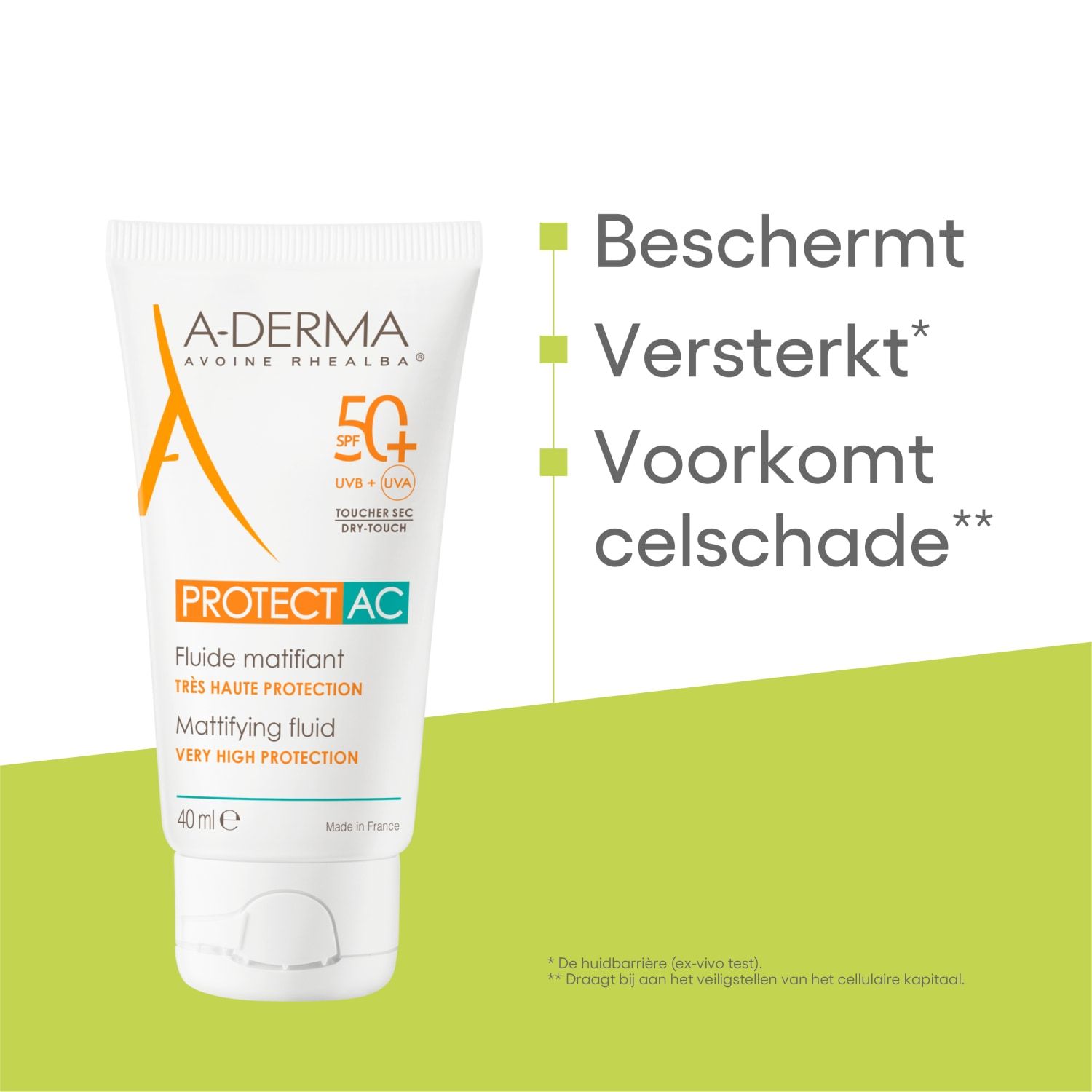 A-DERMA Apsauginis kremas nuo saulės AC matinį atspalvį suteikiantis skystis SPF 50+ - 40 ml