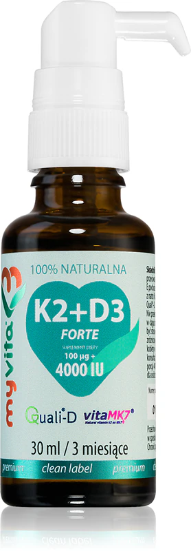 Suplemento alimentar em gotas MyVita com vitaminas K2 e D3 para auxiliar na saúde óssea e dentária.