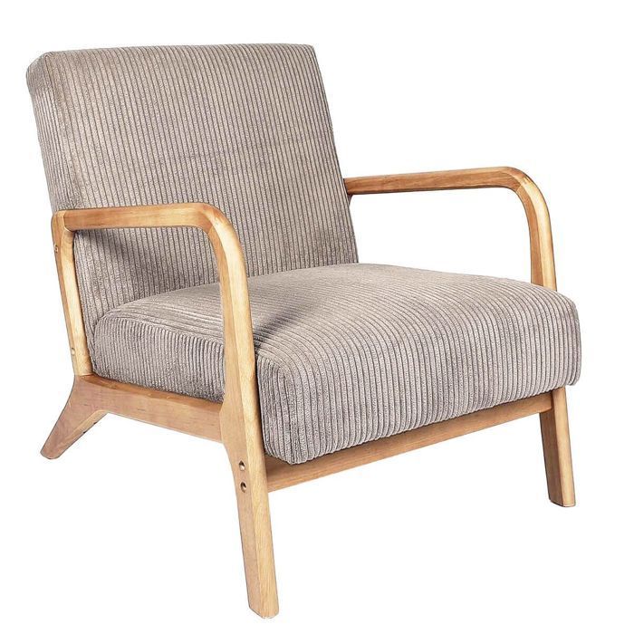 AMORY - Sillón de pana color topo con patas y reposabrazos de madera de caucho.