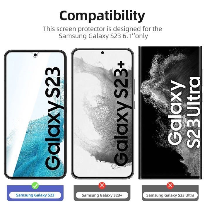 Confezione da 3 pellicole protettive in vetro temperato per Samsung Galaxy S23, efficaci contro i graffi.