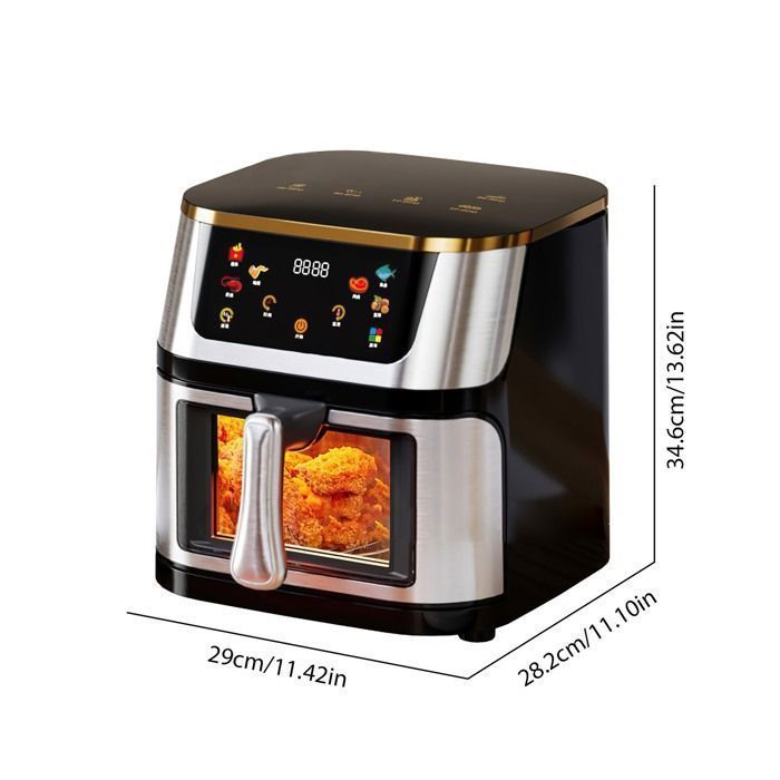 Freidora de aire sin aceite de 12 litros, 2800 W con ventana transparente, pantalla táctil LED para patatas fritas, carne y pescado, color negro.