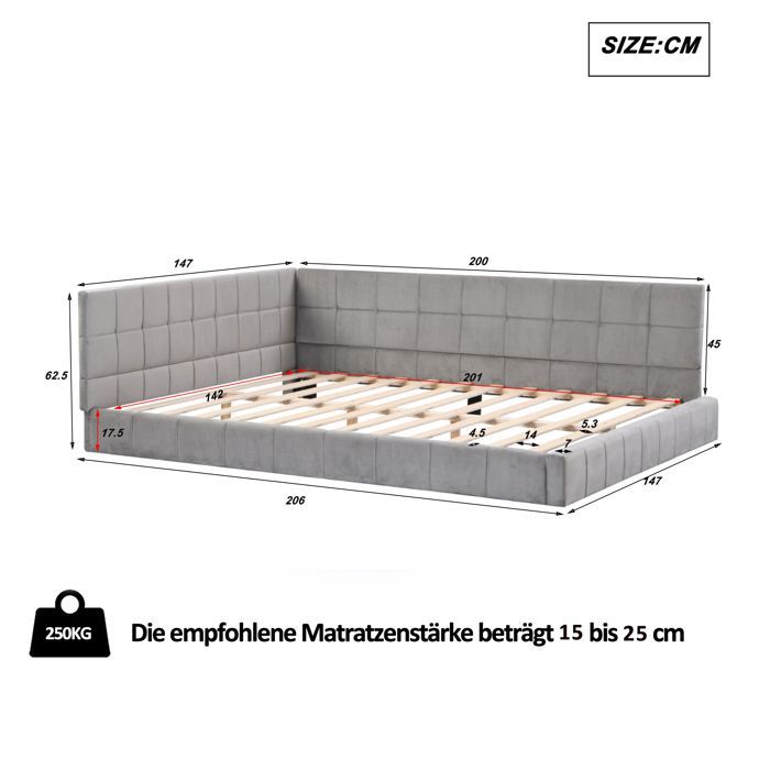 MEUBLIV Upholstered Daybed 140x200cm Adult Bed with Slatted Base, Velvet, Grey