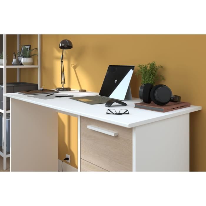 ESSENTIEL Straight Desk - 3 Drawers - Oak and White Finish - W 121.2 x D 55 x H 74.5 cm - PARISOT