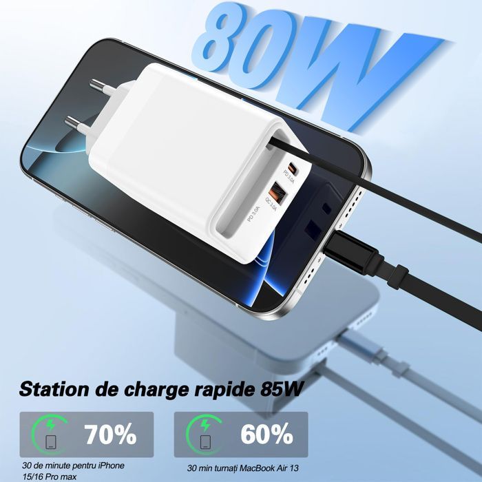 FOSMET 80W Fast Charger, Multi-Socket Replacement, Super Fast Charging, with Retractable Cable, for iPhone/Samsung/Huawei/Galaxy