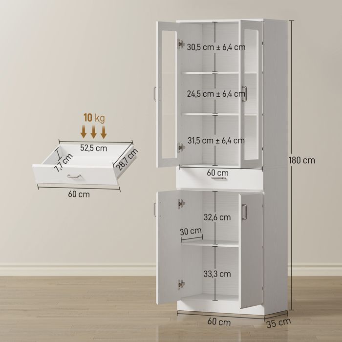 Aparador de cocina HOMCOM - 4 puertas (2 de cristal), cajones, estantes ajustables - aglomerado - 60x35x180cm - blanco