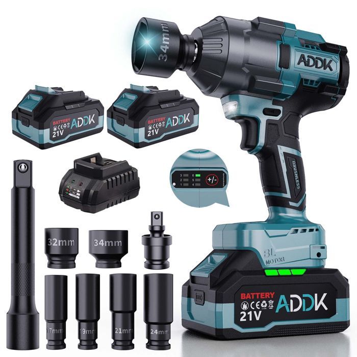 Llave de impacto eléctrica sin escobillas de 21 V, llave de impacto inalámbrica con par máximo de 1600 Nm, baterías de iones de litio de 4000 mAh, azul claro.