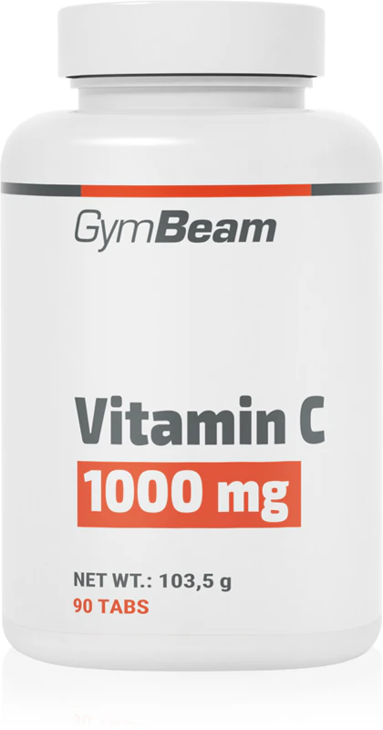 Comprimidos de suplemento alimentar GymBeam Vitamina C 1000 mg para auxiliar o sistema imunológico, a saúde da pele e das unhas.