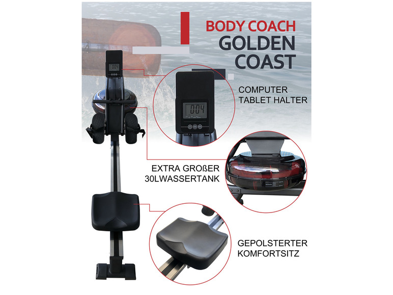 Body Coach Gold Coast Rower water rowing machine with water braking system including chest strap