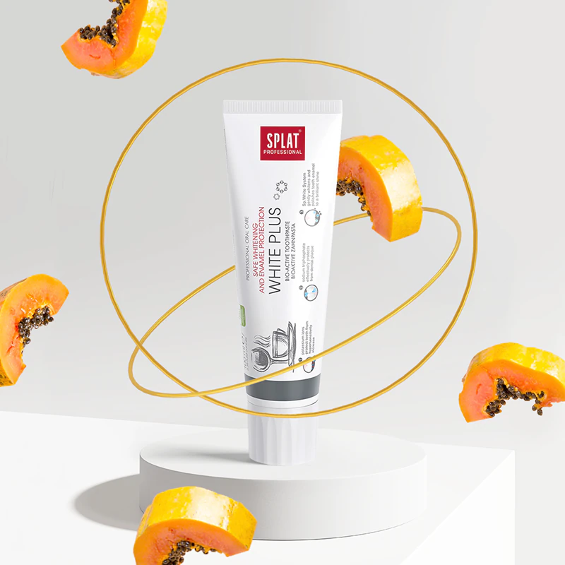 Creme dental bioativo Splat Professional White Plus para clareamento seguro e proteção do esmalte.