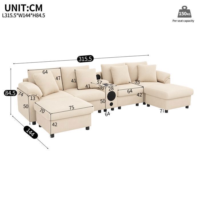 Modulares Ecksofa aus grauem Cord mit Bluetooth-Lautsprecher und Konsole, 6-Sitzer-Sofa mit USB-Anschluss und Kissen, Beige