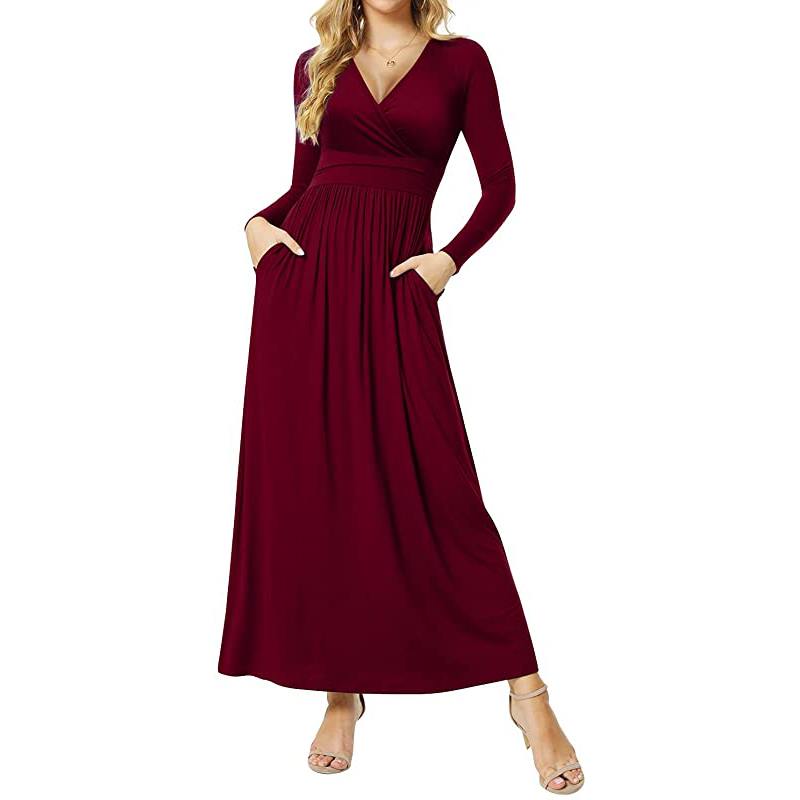Robe longue décontractée à manches courtes et décolleté en V profond pour femme, robe maxi plissée à taille haute