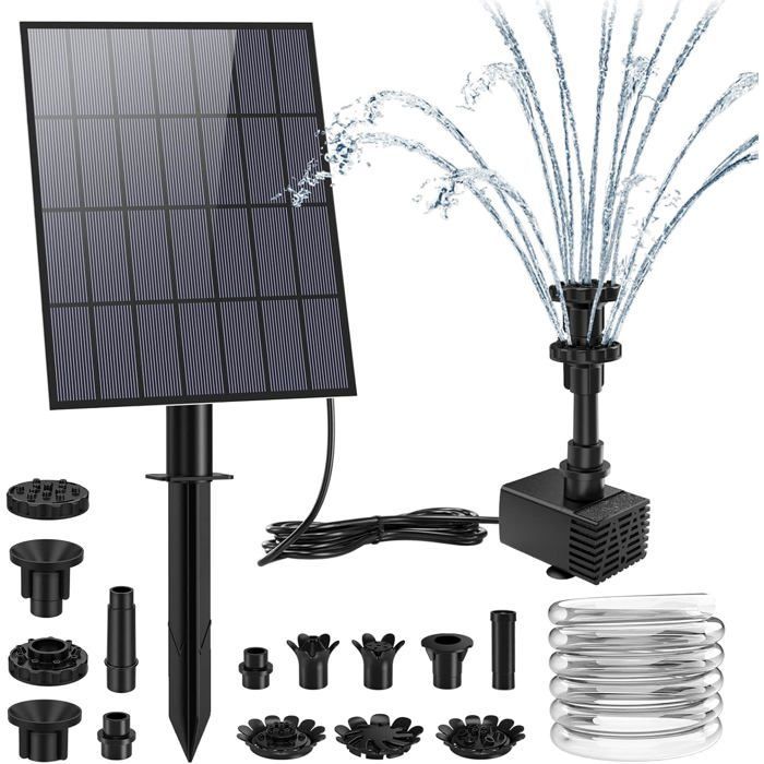 Pompe Fontaine Solaire 3,5W - Jet 65cm - Buses Tuyau 1,5m - Piquet 360° - Automatique pour Bassin Bain d'Oiseaux