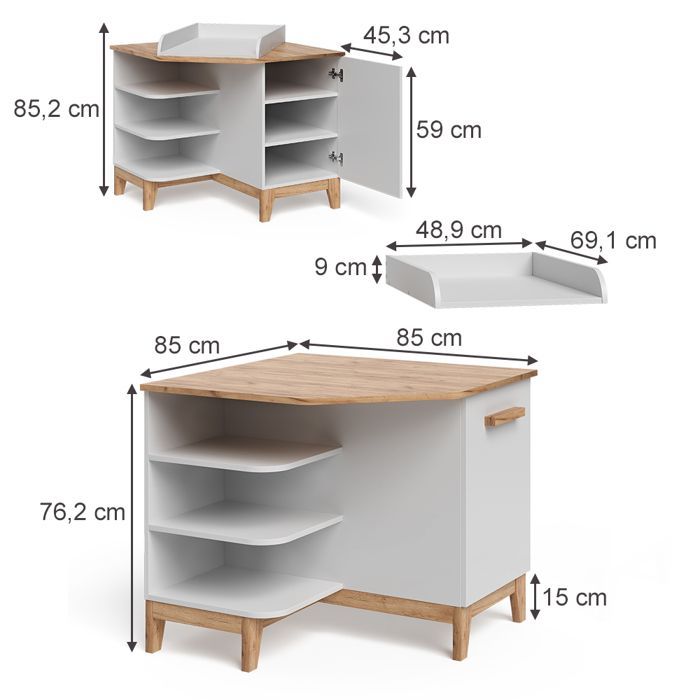 Table à langer Malia 85x85.2cm avec porte Blanc/Artisan Artisan Vitalispa 58361