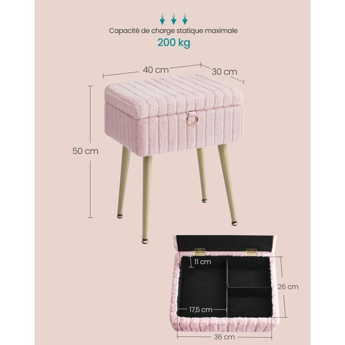 Banqueta para penteadeira - Com espaço para guardar objetos - Pés de metal - Rosa-chiclete - SONGMICS