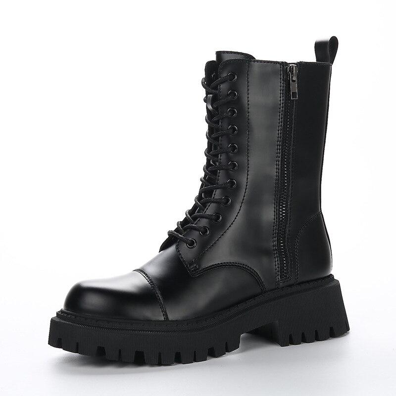 Botas de invierno para mujer con cordones, media caña, punta redonda, tacón cuadrado negro, zapatos de PU para mujer.
