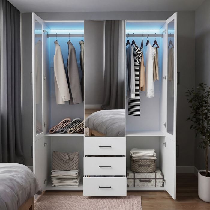 4-Door Wardrobe with LED Lighting and Mirror, Bedroom Closet with Glass Doors, Storage Wardrobe with Hanging Rail and 3 Drawers, White